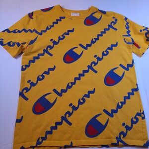 Champion Heritage Men's L Yellow Blue All Over Logo Tee‎ 2018 Retro Streetwear